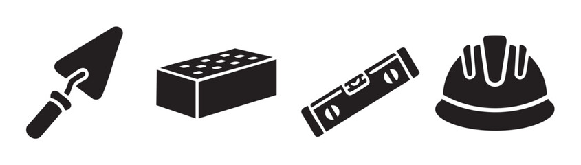 Obraz premium Construction tools and materials icons representing building industry work, including a trowel, brick, spirit level, and hard hat, are displayed in a simple black silhouette style.