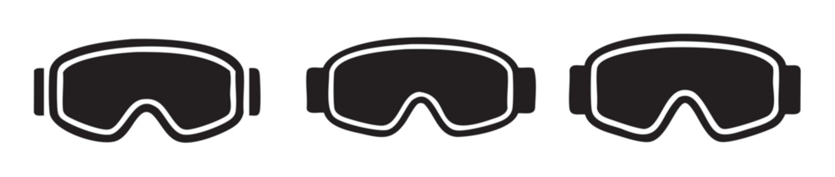 Three black silhouette ski goggles icons represent essential protective eyewear for winter sports enthusiasts, skiers, and snowboarders.