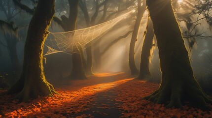 Misty Forest Trail with Giant Spiderwebs and Golden Morning Light
