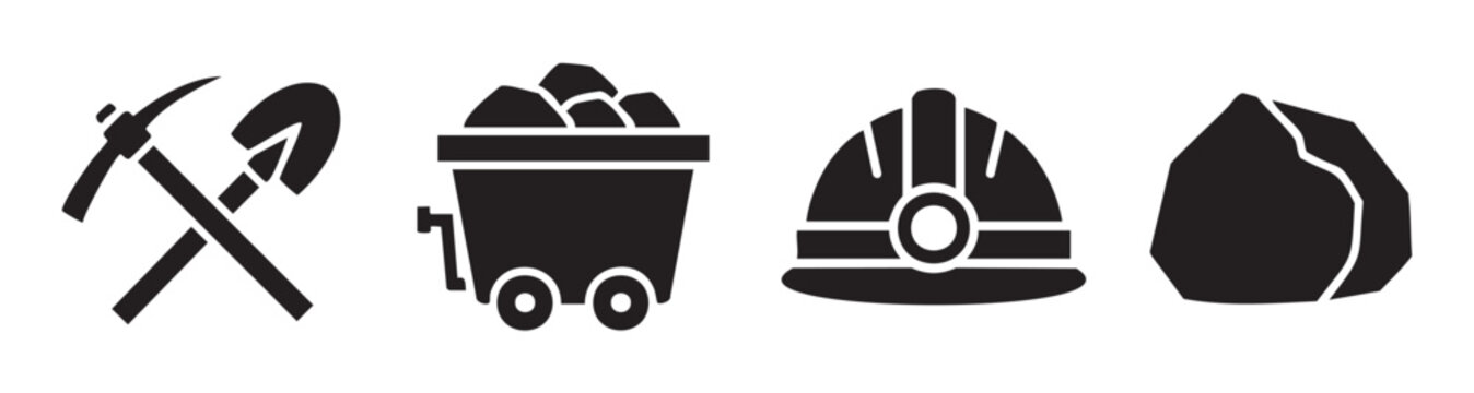 Mining industry related icons including pickaxe shovel mine cart hard hat and ore representing excavation and resource extraction activities.
