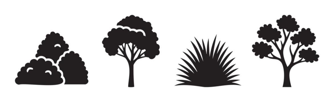 Various trees and plants silhouettes in a collection showcasing different natural forms for design elements and environmental concepts.