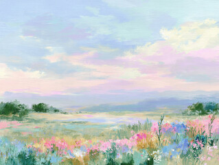 花が咲く草原の水彩画