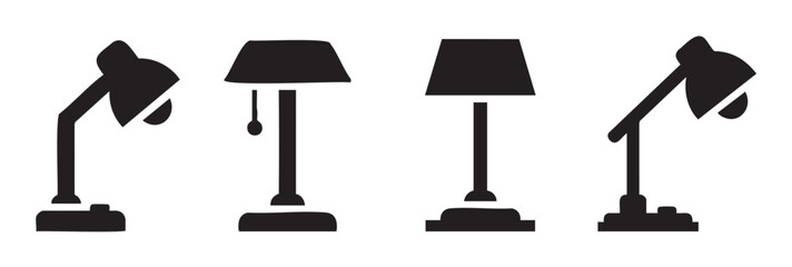Four different black silhouette lamps icons set collection representing various types of lighting fixtures for home, office, and study environments.