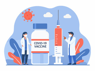 Covid 19 vaccine illustration with doctors syringe and virus depiction