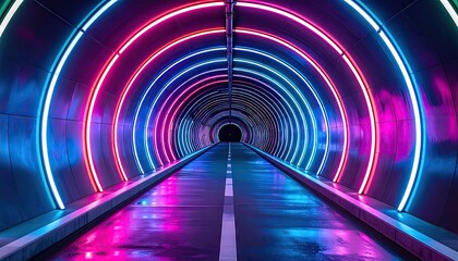 Futuristic Neon Tunnel with Pink and Blue Lights Reflecting on Wet Road Surface Creating a Vibrant Sci-Fi Atmosphere