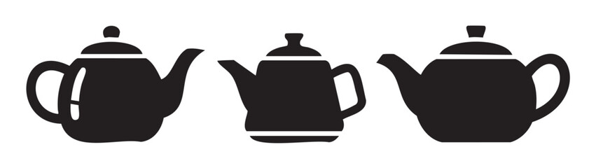 Obraz premium Three black silhouette teapots and coffee pots are elegantly displayed as simple graphic icons, perfect for various design and culinary-themed projects.