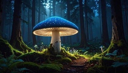 Giant glowing blue mushroom illuminating a dark enchanted forest at twilight with sparkling lights on its cap and mystical mossy ground covering