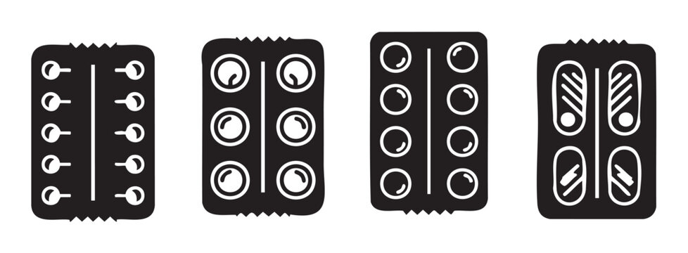 Pill blister packs icon set featuring various medical tablet and capsule packaging designs for pharmaceutical and healthcare concepts.