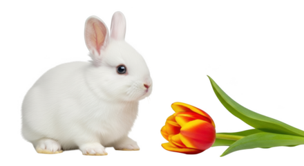 White baby rabbit looking at a red and yellow tulip flower on black background bunny white rabbit