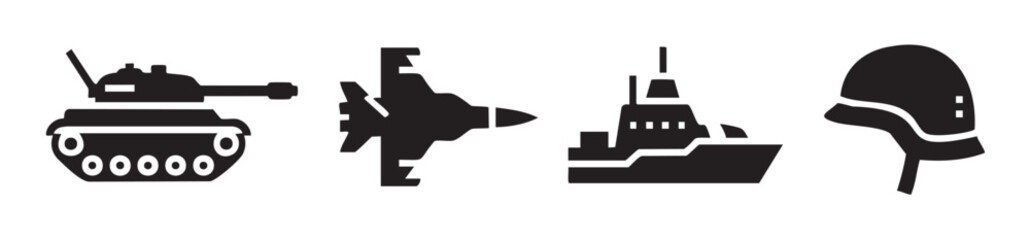 Naklejka premium Military vehicles and equipment icons representing armed forces, including a tank, jet, warship, and helmet, symbolizing defense and national security.