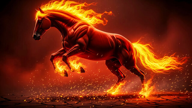 Powerful flaming horse running forward, representing speed, ambition, success, and unstoppable energy