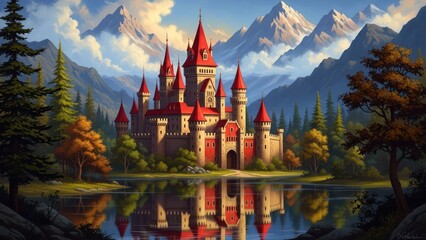 Majestic castle nestled by a serene lake reflecting snow-capped mountains and lush woodland setting