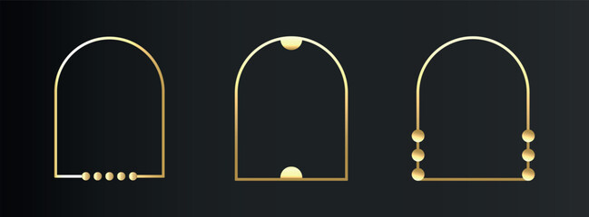 Luxury thin gold frame set in art deco, Islamic style. Premium geometric golden arch on black background. Elegant linear borders for vip, greeting card, wedding invitation. Isolated vector illustratio