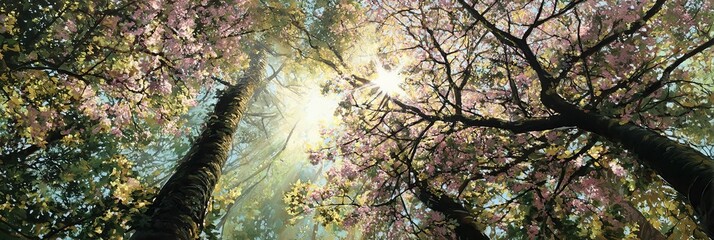 Looking up at vibrant trees with sunlight streaming through leaves  