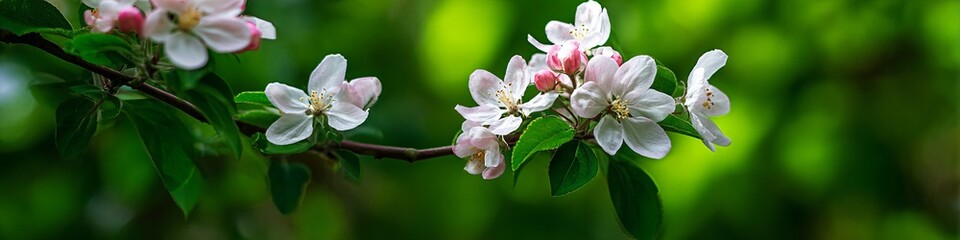 Pink apple blossoms on branch against green blurred background  