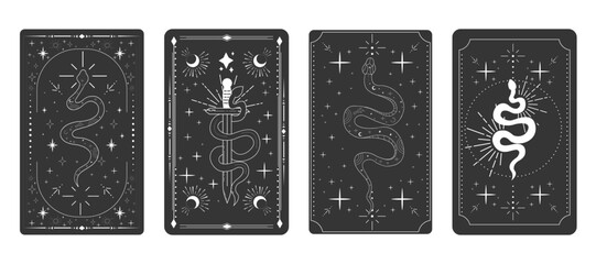 Tarot card frame spiritual esoteric reverse border magic sacred cover card. Mystic elements moon, sun, magic moth, snake fantasy sign. © Alyona