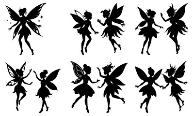 Fototapeta premium Nine Fairy Silhouettes with Wings on Transparent Background fairies winged