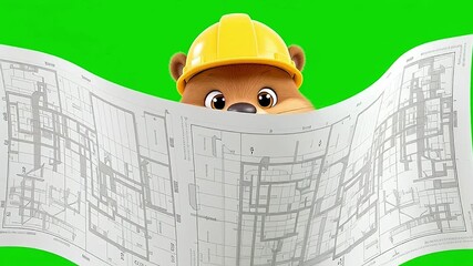 Charming animated builder in a yellow hard hat intently studying intricate blueprints, symbolizing meticulous construction design, architectural development, and strategic project planning