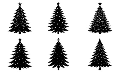 Obraz premium Six Black Christmas Tree Silhouettes with Stars and Decorations on White Background