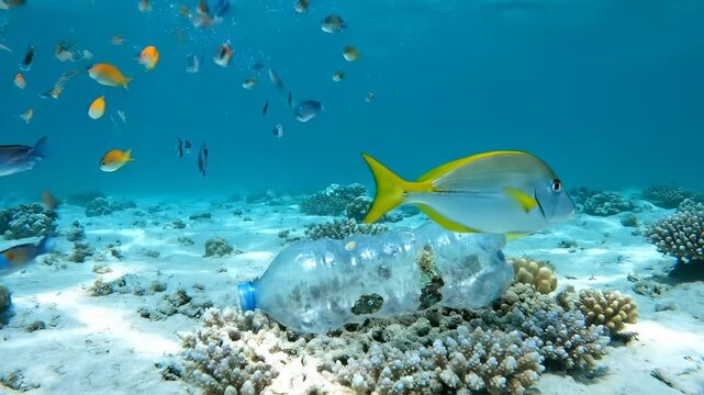 Plastic bottle lies on coral reef with tropical fish swimming. Ocean pollution with plastic bottle on ocean floor. Fish swim near plastic bottle on coral. Pollution threatens coral reef underwater.