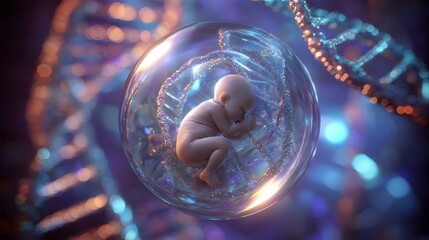 Conceptual 3D Render of a Fetus in a Protective Bubble with DNA Helix. Genetics, Life, and Biotechnology.