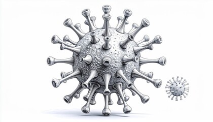 Detailed grayscale illustration of a spherical, spiky viral particle