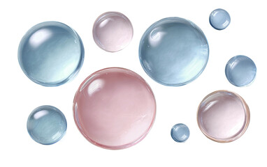 Collection of glossy pastel bubbles, top view, against black ground