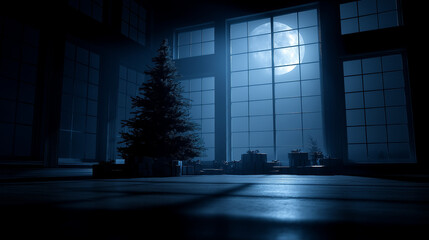 Christmas Tree and Presents Under Full Moonlight