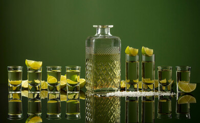 Tequila shots with lime slices and salt on a green background.