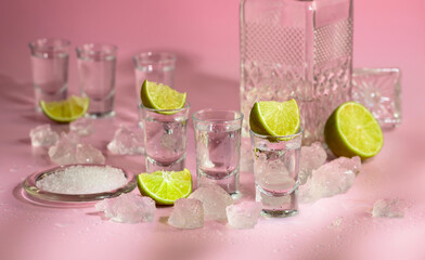 Tequila with lime, sea salt, and crushed ice on a pink background.