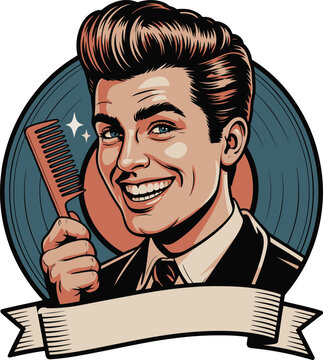 Retro Rockabilly Man Combing Pompadour Hair. Vintage Greaser Vector Badge Illustration with Comb and Vinyl Record Background.