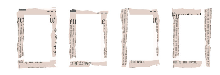 Ripped newspaper clippings collage frames with torn vintage paper edges. Border set for scrapbook, retro design templates. Old gazette news sheet set. Isolated vector illustration on transparent backg