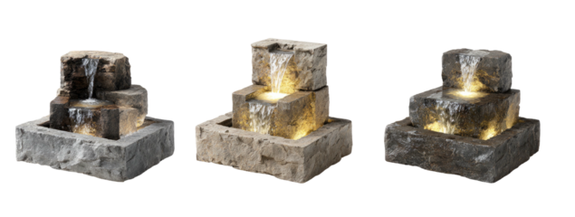Three stone block fountains with water and integrated lights