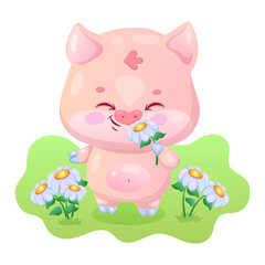 Cute cartoon pig enjoying daisies on a sunny day in a cartoon meadow.