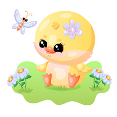 Cute cartoon chick with flower and butterfly in a colorful spring garden.