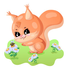 Cute cartoon squirrel admiring a bee in a flower meadow.