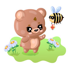Cute cartoon bear and bumblebee interaction scene with flowers on grass.