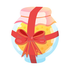 Colorful gift-jar with red bow and pink lid on white background for celebrations and gifts.
