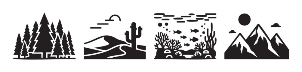 Obraz premium Natural landscape icons set featuring diverse global environments like forests, deserts, underwater scenes, and majestic mountains in a minimalist graphic style.