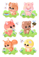 A set of cute cartoon animals enjoying nature with insects and flowers.