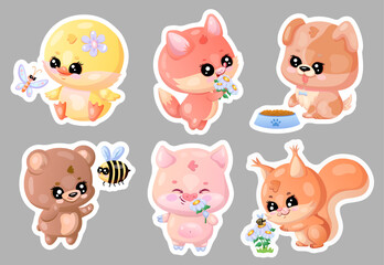 A set of adorable cartoon animals with flowers and insects on gray background.