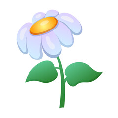 Vibrant cartoon daisy with green leaves on white background.