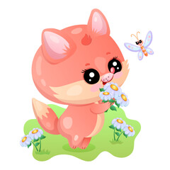 Adorable cartoon fox with flowers and butterfly in a whimsical garden scene.