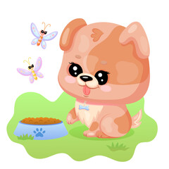 Cute cartoon puppy with butterflies and dog bowl on a sunny day in the park.