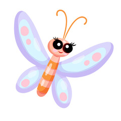Colorful cartoon butterfly with smile and pink blue wings on white background.
