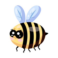 Cute cartoon bee with big eyes and colorful wings on white background.