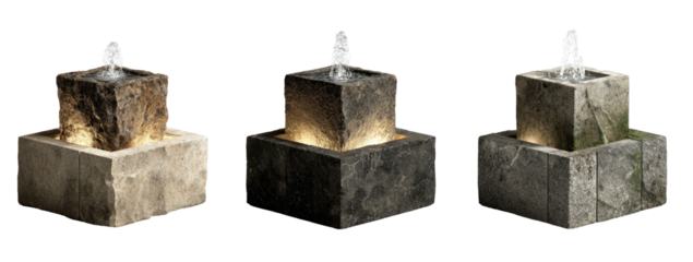 Trio of layered square fountains with water feature, softly lit