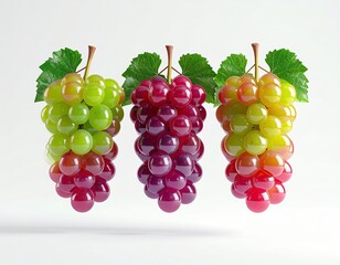 Three grape bunches green, purple, and red. Fresh fruit on a white backdrop