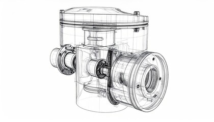 Engineering diagram of a cylindrical machine with intricate internal mechanisms