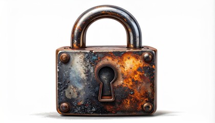 A close-up of a weathered, rusted padlock against a white background
